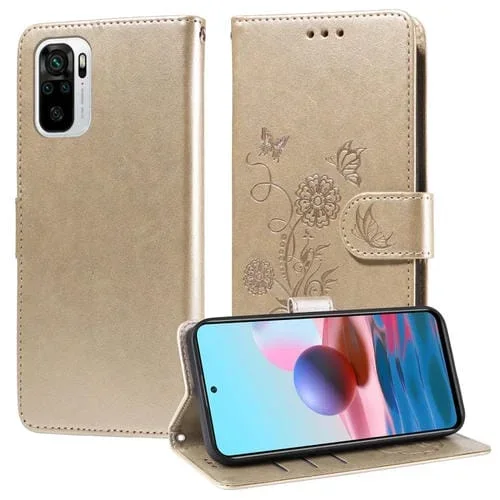 Funda de Cuero con Diseño de Mariposas y Flores En Relieve para Redmi Note 10 4G India/10S 4G (Dorada)