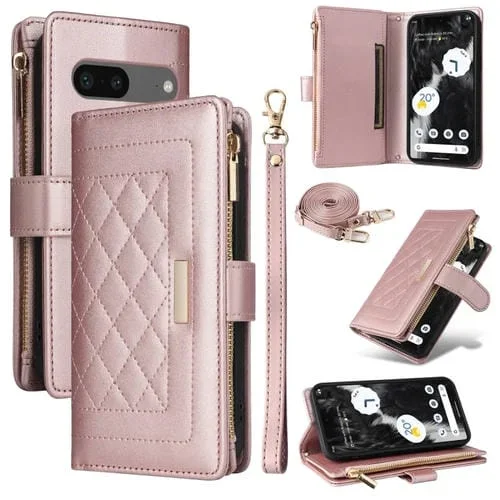 Funda de Cuero con Diseño de Rombos y Billetera Cruzada con Cremallera para Google Pixel 7 (Oro Rosa)