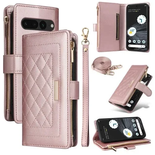 Funda de Cuero con Diseño de Rombos y Billetera Cruzada con Cremallera para Google Pixel 7 Pro (Oro Rosa)