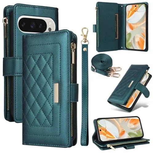 Funda de Cuero con Diseño de Rombos y Billetera Cruzada con Cremallera para Google Pixel 9/9 Pro (Verde)