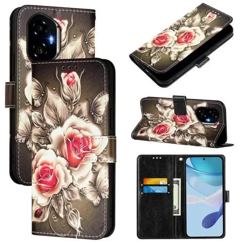 Funda de Cuero con Diseño para Teléfono Honor 300 (Rosas Sobre Negro)
