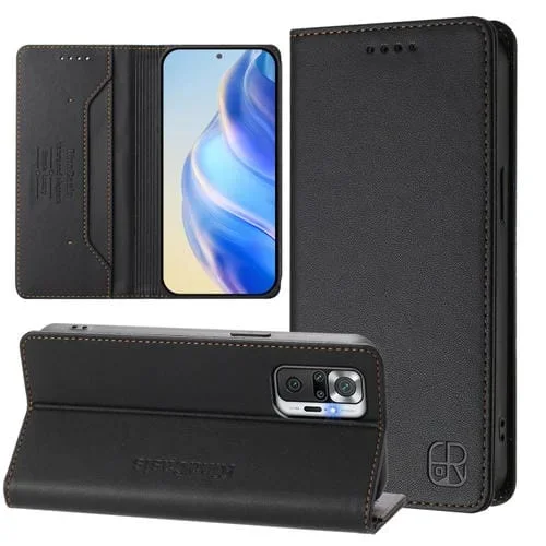 Funda de Cuero con Doble Pliegue y Succión Magnética para Redmi Note 10 Pro 4G/Note 10 Pro Max Rc01 (Negra)