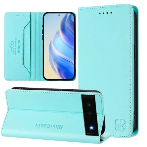 Funda de Cuero con Doble Pliegue y Succión Magnética RFID para Google Pixel 6 Rc01 (Verde Menta)