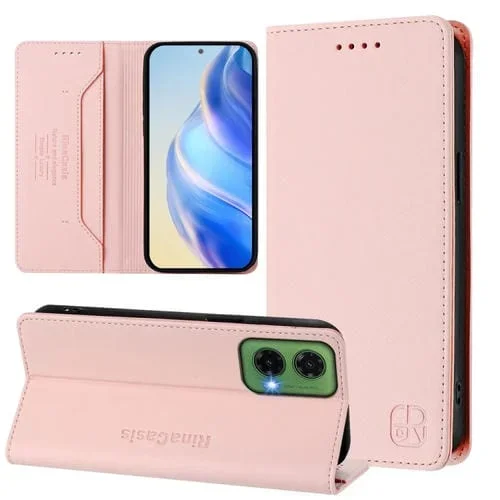 Funda de Cuero con Doble Pliegue y Succión Magnética RFID para Motorola Moto G35 Rc01 (Rosa)