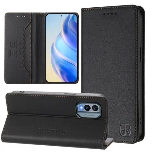 Funda de Cuero con Doble Pliegue y Succión Magnética RFID para Nokia X30 5G Rc01 (Negra)