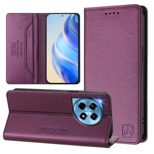 Funda de Cuero con Doble Pliegue y Succión Magnética Rfid para OnePlus 12R Rc01 (Violeta)