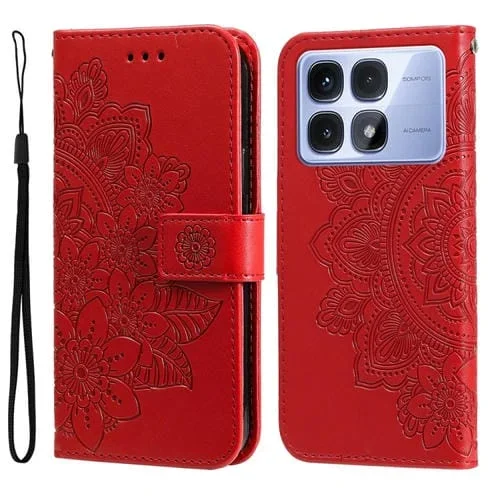 Funda de Cuero con Estampado de Flores de Siete Pétalos para Redmi K70 Ultra (Rojo)