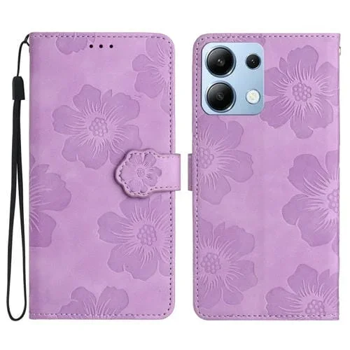 Funda de Cuero con Estampado de Flores En Relieve para Redmi Note 13 4G (Morado)