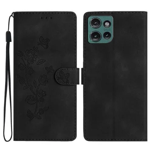 Funda de Cuero con Estampado de Flores y Mariposas para Motorola Edge 50 5G (Negro)