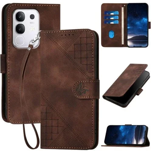 Funda de Cuero con Estampado de Mariposas En Relieve y Cordón para Vivo Y29 4G (Café)