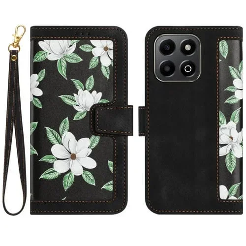 Funda de Cuero con Estampado Floral y Cordón para Honor X6B (Negro)