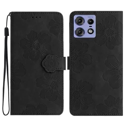 Funda de Cuero con Estampado Flores en Relieve para Motorola Edge 50 Pro (Negra)