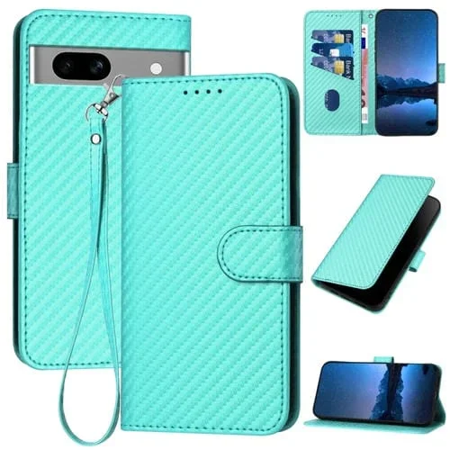 Funda de Cuero con Hebilla de Fibra de Carbono para Google Pixel 7A Yx0070 con Cordón (Azul Claro)