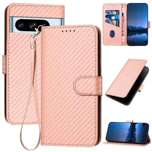 Funda de Cuero con Hebilla de Fibra de Carbono para Google Pixel 8 Pro Yx0070 con Cordón (Rosa)