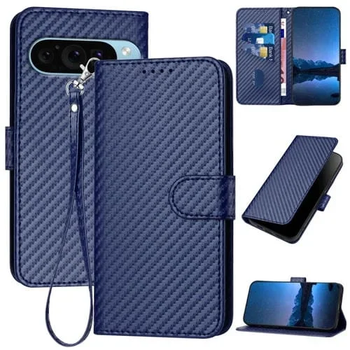 Funda de Cuero con Hebilla de Fibra de Carbono para Google Pixel 9 Yx0070 con Cordón (Azul Real)