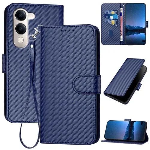 Funda de Cuero con Hebilla de Fibra de Carbono y Cordón para Vivo Y29S 5G / Y04 4G Global Yx0070 (Azul Real)