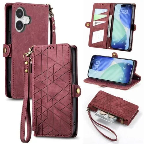 Funda de cuero con hebilla lateral y cremallera geométrica para iPhone 17 (roja)