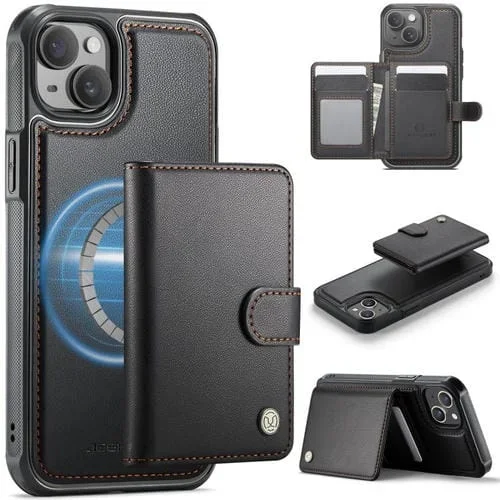 Funda de cuero con hebilla magnética para iPhone 14 JEEHOOD J09, con ranuras para tarjetas, estilo RFID y MagSafe (negro)