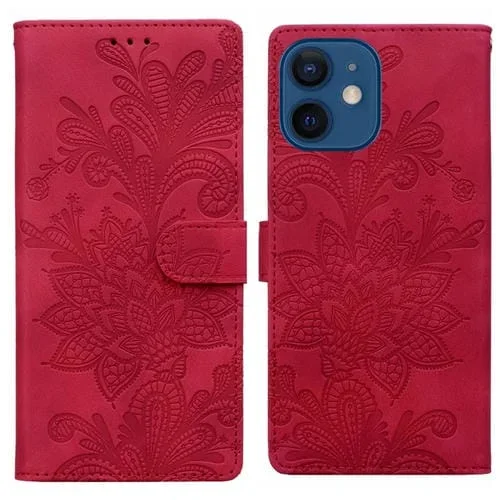 Funda de Cuero con Hebilla Magnética y Encaje Floral para iPhone 12 Mini/13 Mini (Rojo)