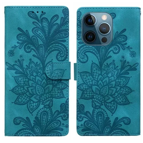 Funda de Cuero con Hebilla Magnética y Encaje Floral para iPhone 12 Pro Max/13 Pro Max (Verde)