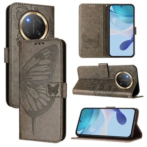 Funda de Cuero con Mariposas en Relieve para Honor X9C 5G (Gris)