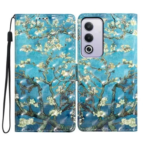 Funda de Cuero con Patrón 3D para Teléfono Oppo A3 Pro (Flor de Albaricoque con Base Azul)
