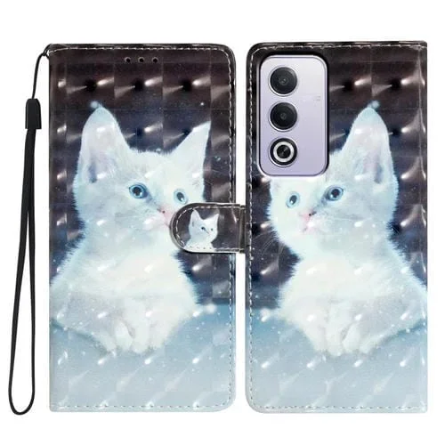 Funda de Cuero con Patrón 3D para Teléfono Oppo A3 Pro (Gato Blanco)