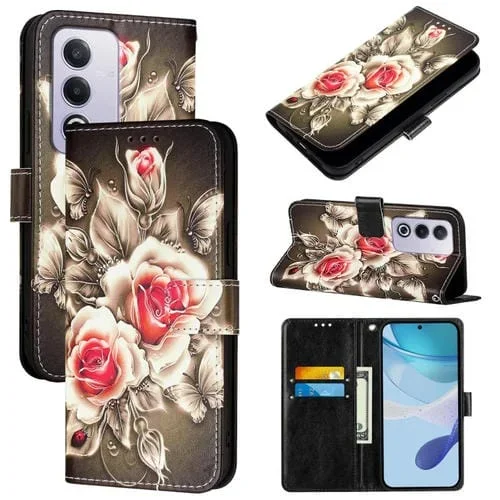 Funda de Cuero con Patrón de Dibujo de Colores para Oppo A3 Pro 5G (Rosas Sobre Negro)