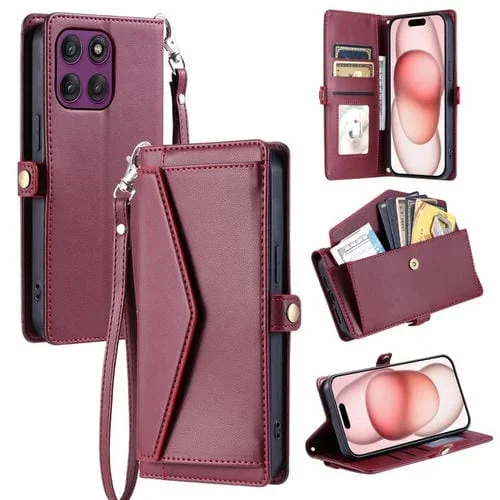 Funda de cuero con ranura para múltiples tarjetas y cordón para Motorola Edge 60 Pro (rojo vino)