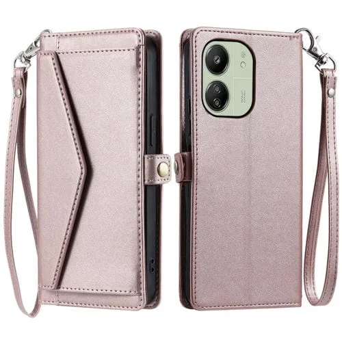 Funda de Cuero con Ranura para Múltiples Tarjetas y Cordón para Redmi 13C 4G/5G (Oro Rosa)