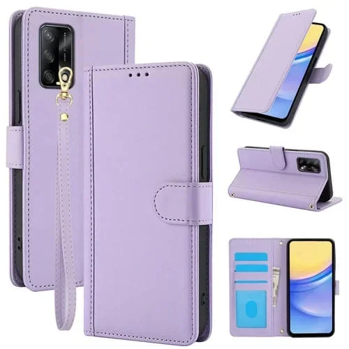 Funda de Cuero con Ranuras para Tarjetas y Doble Cordón para Oppo A74 4G/A95 4G, Color Puro y Tacto Suave (Morado)