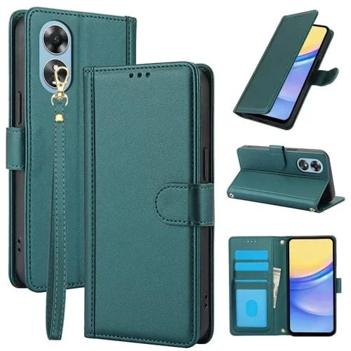 Funda de Cuero con Ranuras para Tarjetas y Tacto de Piel de Color Puro para Oppo A78 4G con Cordón Doble (Verde)