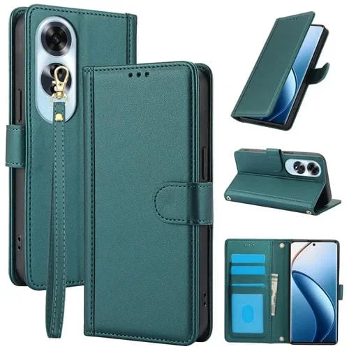 Funda de Cuero con Ranuras para Tarjetas y Tacto de Piel Global para Oppo A60 4G con Cordón Doble (Verde)
