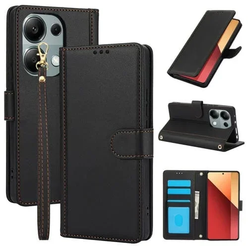 Funda de Cuero con Ranuras para Tarjetas y Tacto de Piel Global para Redmi Note 13 Pro 5G/Poco X6 5G con Cordón Doble (Negro)