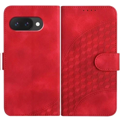 Funda de Cuero con Relieve de Cabeza de Elefante para Google Pixel 9A con Cordón (Rojo)
