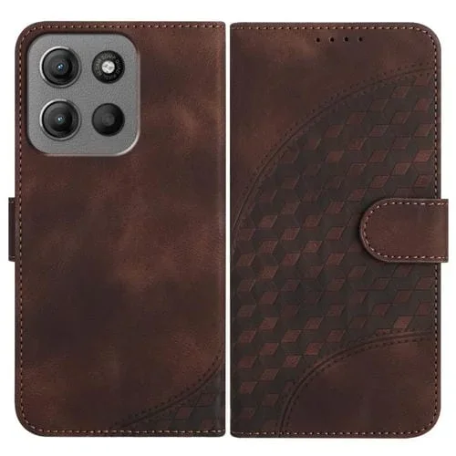 Funda de Cuero con Relieve de Cabeza de Elefante para Motorola Moto G15 con Cordón (Café)