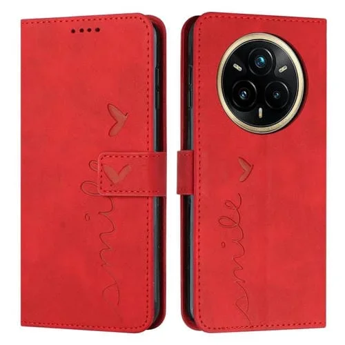 Funda de Cuero con Relieve de Corazón para Realme 14 Pro+ con Cordón Largo (Roja)