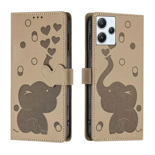 Funda de Cuero con Relieve de Elefante de Dibujos Animados para Redmi 12 4G/5G (Caqui)