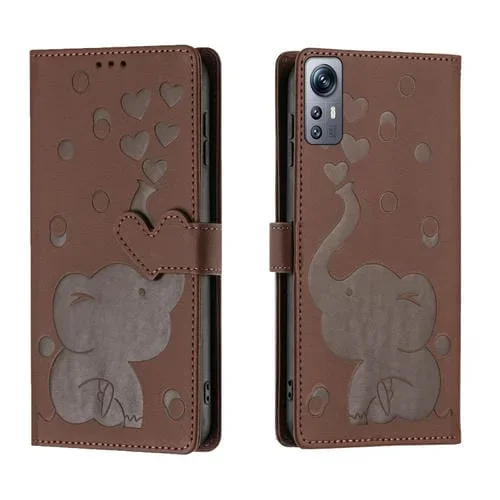 Funda de Cuero con Relieve de Elefante de Dibujos Animados para Redmi Note 12S 4G (Marrón)