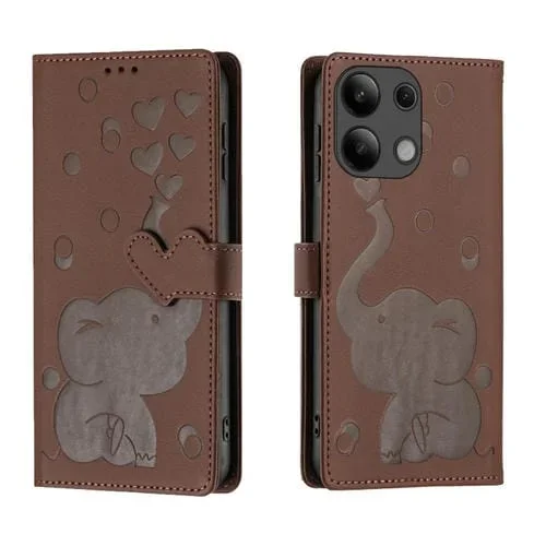 Funda de Cuero con Relieve de Elefante de Dibujos Animados para Redmi Note 13 Pro 4G (Marrón)