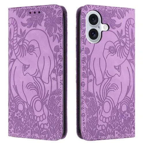 Funda de Cuero con Relieve de Elefante Retro para iPhone 16 Plus (Morado)