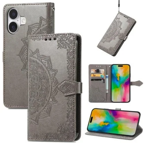 Funda de cuero con relieve de flor de mandala para iPhone 17 (gris)