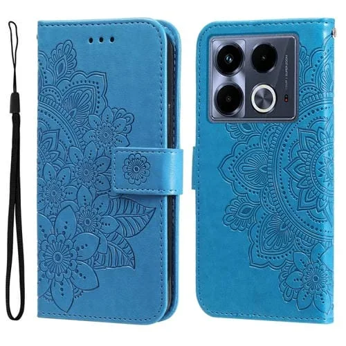 Funda de Cuero con Relieve de Flores de Siete Pétalos para Infinix Note 40 4G (Azul)