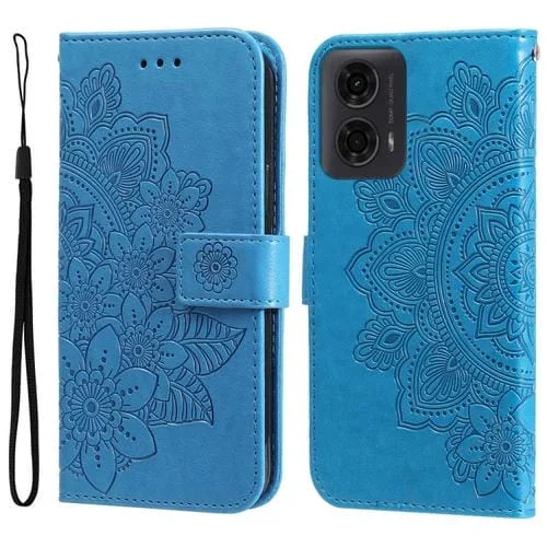 Funda de Cuero con Relieve de Flores de Siete Pétalos para Motorola Moto G04/G04S/G24/E14 (Azul)