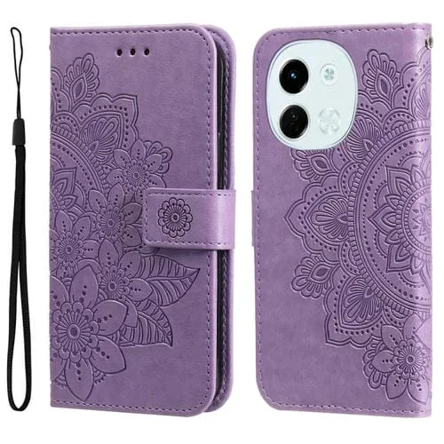 Funda de Cuero con Relieve de Flores de Siete Pétalos para Tecno Spark 30 5G y Pova 6 Neo 5G (Morado Claro)
