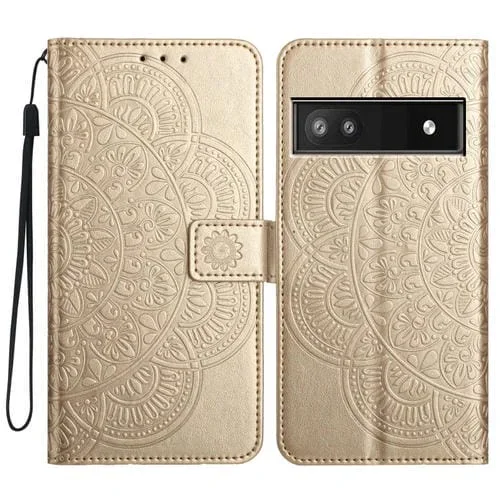 Funda de Cuero con Relieve de Flores para Google Pixel 9A (Dorada)