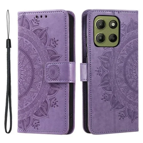 Funda de Cuero con Relieve de Flores para Motorola Moto G15 con Cordón (Morado)