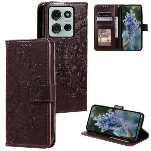 Funda de Cuero con Relieve de Flores para Motorola Moto G75 5G con Cordón (Marrón)