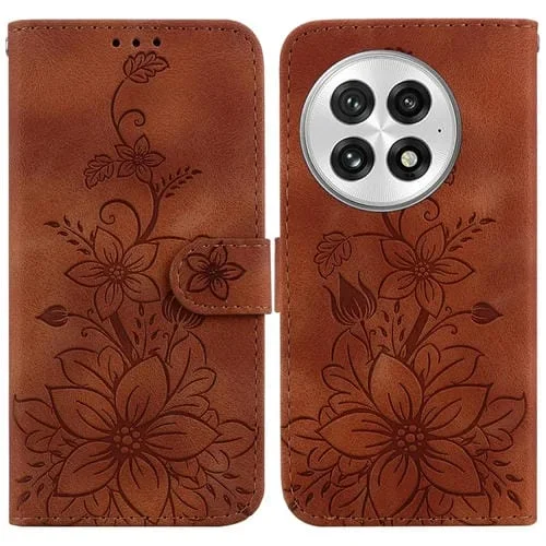 Funda de Cuero con Relieve de Lirio para OnePlus 13 (Marrón)