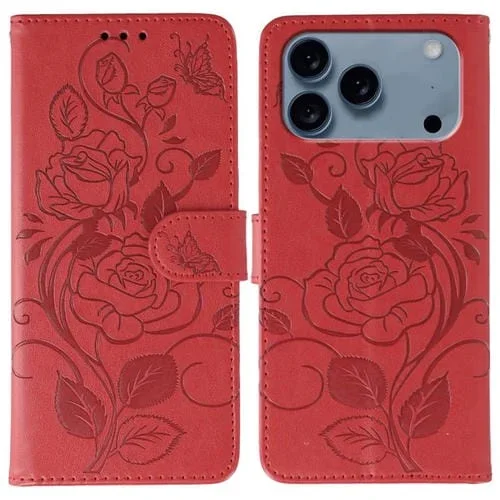 Funda de cuero con relieve de mariposa rosa para iPhone 17 Pro Max (roja)
